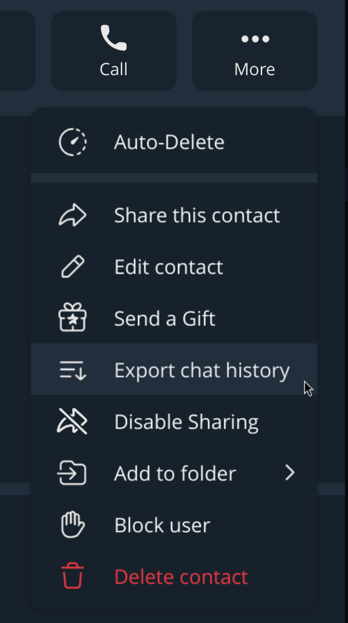 Telegram 選單中的 Export chat history 選項