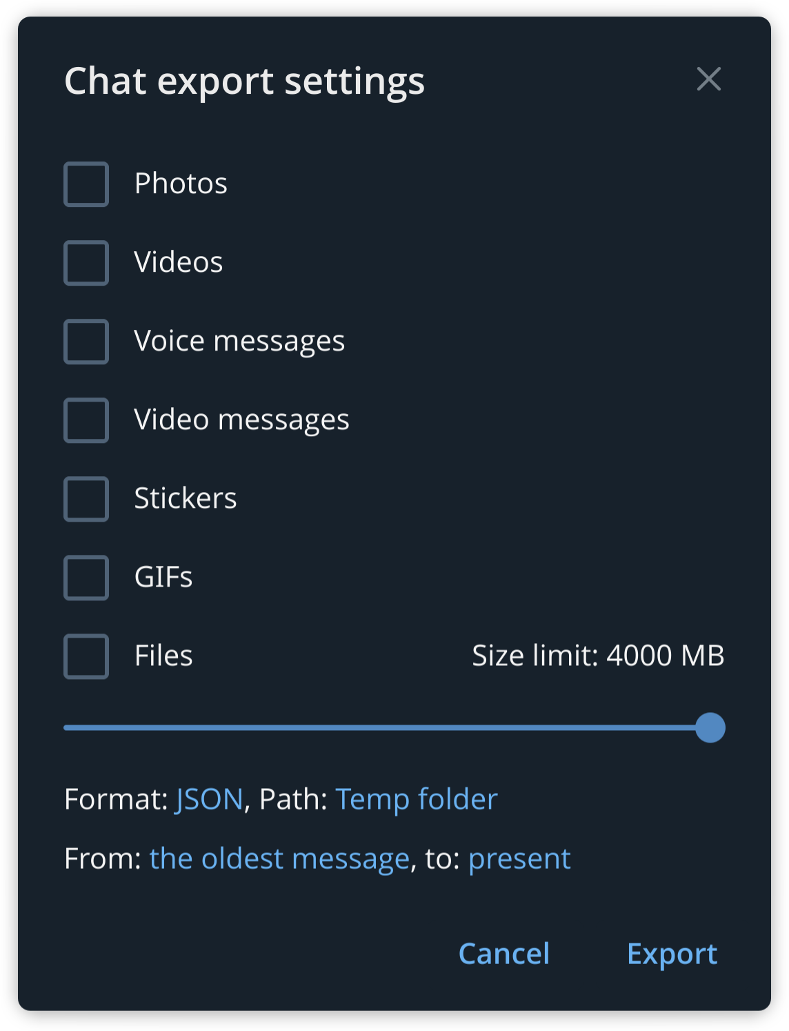 Telegram chat export settings 畫面，格式選為 JSON